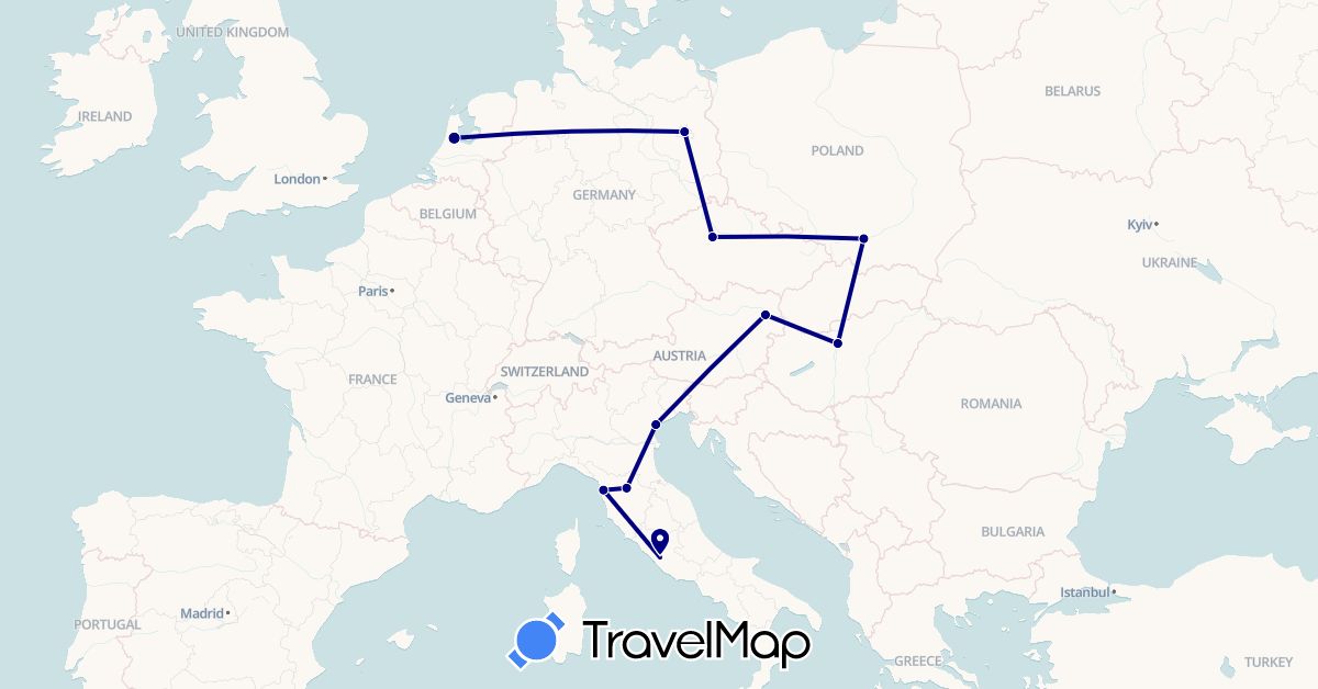 TravelMap itinerary: driving in Austria, Czech Republic, Germany, Hungary, Italy, Netherlands, Poland (Europe)